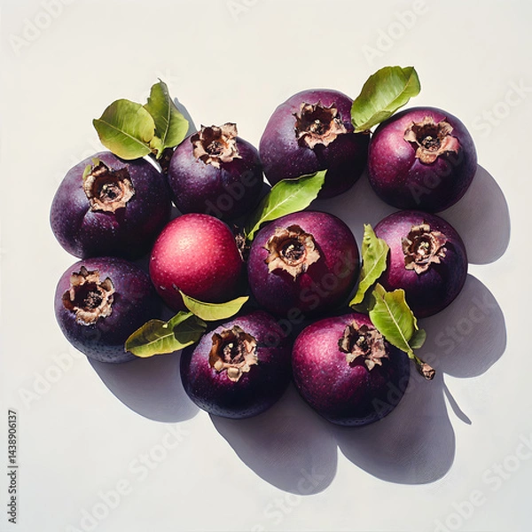 Fototapeta Fresh mangosteens arranged in a clean grid pattern on a white background. Minimalist tropical fruit concept symbolizing healthy eating, organic produce, and vibrant natural foods