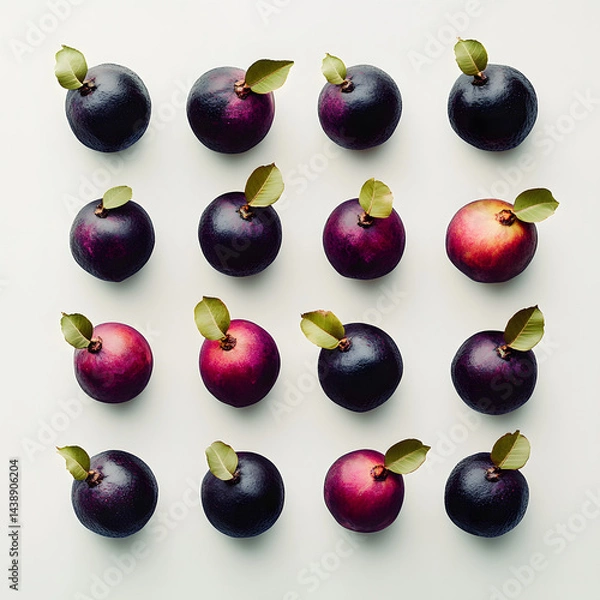 Fototapeta Fresh mangosteens arranged in a clean grid pattern on a white background. Minimalist tropical fruit concept symbolizing healthy eating, organic produce, and vibrant natural foods