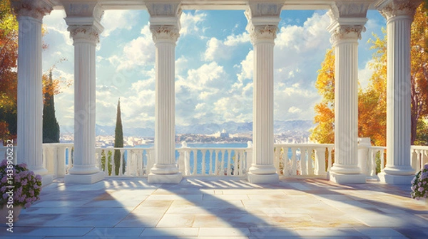 Fototapeta Elegant neoclassical colonnade with white columns and lush greenery, bathed in soft sunlight. Ideal for architectural design, historic landmarks, romantic scenery, fantasy settings, and travel themes