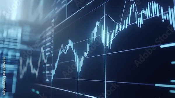 Fototapeta Futuristic digital landscape of dynamic stock market charts, glowing data streams, and virtual financial graphs. Concept for fintech, trading technology, financial innovation, and data analysis