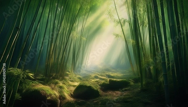Fototapeta bamboo forest with sunbeams filtering through mist, peaceful 