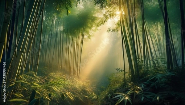 Fototapeta bamboo forest with sunbeams filtering through mist, peaceful 