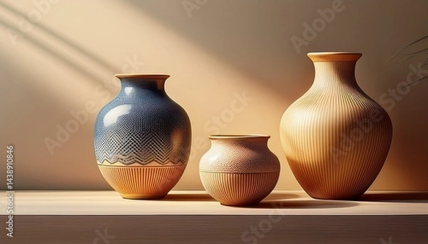 Fototapeta elegant set of ceramic vases on a beige background with soft morning 