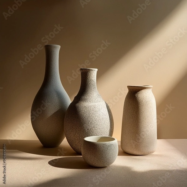Fototapeta elegant set of ceramic vases on a beige background with soft morning 