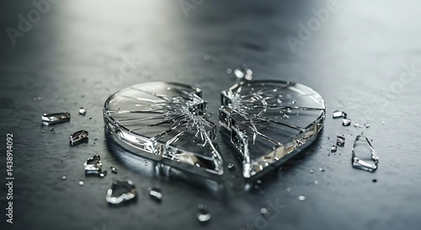 Fototapeta A shattered glass heart broken into two pieces with fragments scattered on a dark reflective surface