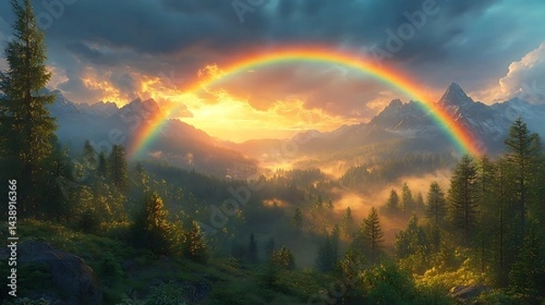 Fototapeta Breathtaking Mountain Landscape With Rainbow During Golden Sunset High Resolution Image