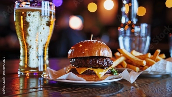 Fototapeta Juicy double cheeseburger with fries and a refreshing glass of beer are waiting on a table in a cozy restaurant, creating an inviting atmosphere for a perfect meal