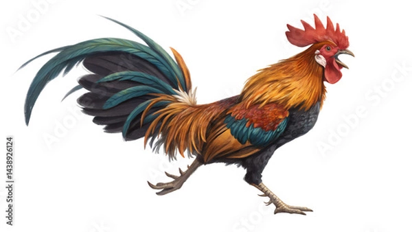 Fototapeta Rooster's Morning Call: A vibrant rooster strides forward, showcasing its colorful plumage and announcing the break of dawn with a proud crow.