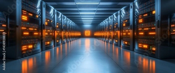 Obraz Data center hallway with servers glowing orange in a cool-toned environment. AI symbol at the end