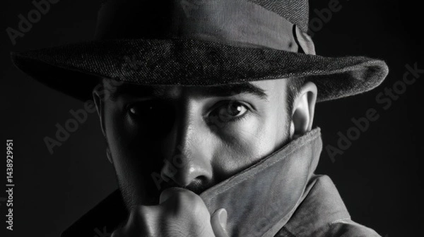 Fototapeta Mysterious man in a hat and trench coat, partially concealed.