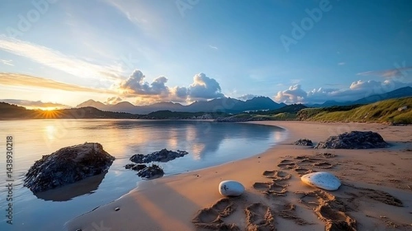 Obraz Calm beach scene at dawn, with rocks, footprints, and mountains