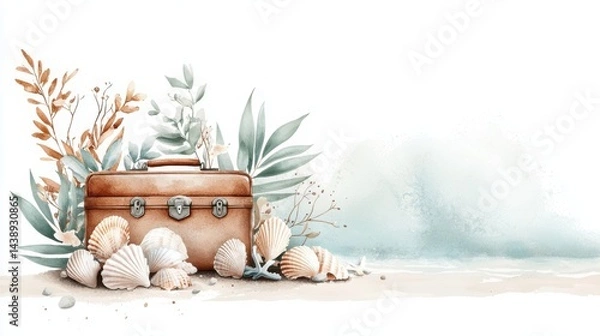 Fototapeta A vintage suitcase surrounded by seashells and greenery, evoking a serene beach vibe, perfect for travel and coastal themes.