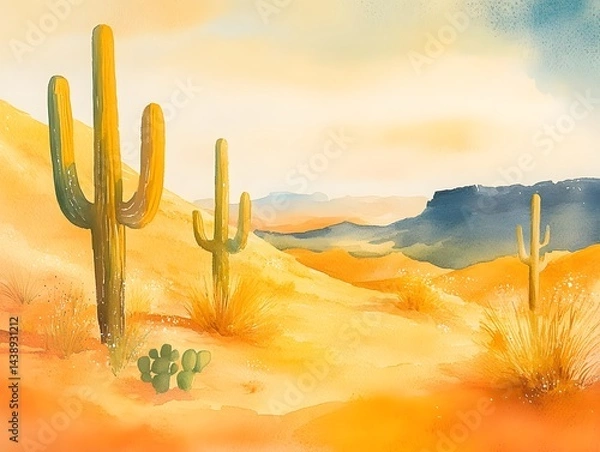 Fototapeta Serene Watercolor Desert Landscape with Cacti and Soft Tones