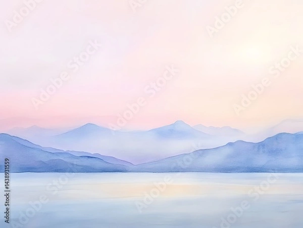Fototapeta Serene Watercolor Landscape with Soft Pastel Mountains at Dusk