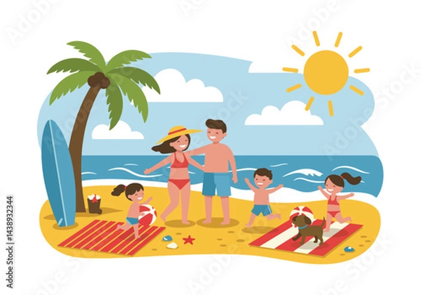 Fototapeta A happy family enjoying a fun-filled summer holiday vacation at the beach with surfboards and playful dogs. Flat illustration style with bright and joyful elements