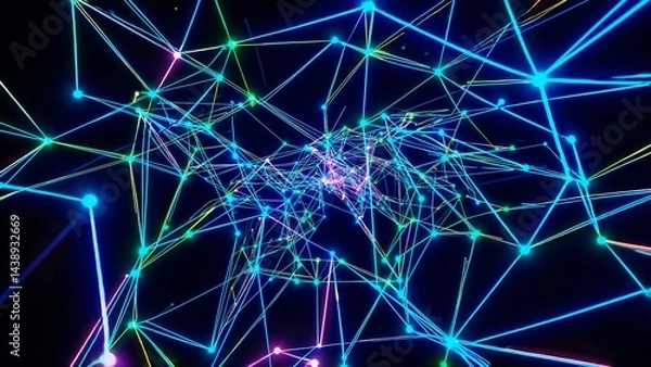 Obraz Dynamic digital network of colorful lines and interconnected glowing dots expanding across black background, representing complex technological communication and data flow