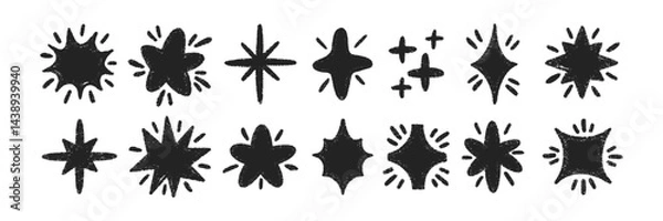 Obraz Set of doodle stars with twinkle and sparks with crayon, chalk or pastel texture. Playful elements for kids design. Grunge black vector illustration on a white background.