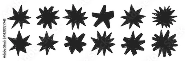 Obraz Set of doodle stars with crayon, chalk or pastel texture. Playful elements for kids design. Grunge black vector illustration on a white background.