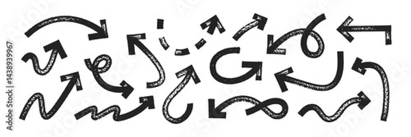 Obraz Set of hand drawn arrows and pointers with brush, crayon or marker texture. Elements of navigation or direction. Black vector illustration isolated on a white background.