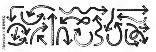 Fototapeta Set of grunge hand drawn arrows with black brush or marker texture. Direction elements, curve brush strokes. Black vector illustration on a white background.