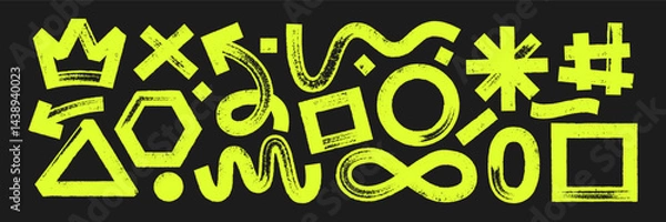 Obraz Set of geometric shapes with brush, crayon or marker texture. Crown, heart, infinity and rectangle with sketch lines. Yellow vector illustration on a blackboard.