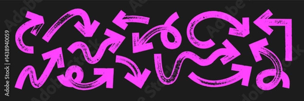 Obraz Set of thick and curve arrows and pointers with brush, crayon or marker texture. Elements of navigation or direction. Pink vector illustration isolated on a white background.