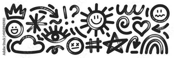 Obraz Set of hand drawn elements with brush, marker or crayon texture. Grunge cloud, sun, rainbow and eye for design. Black vector illustration isolated on a white background.
