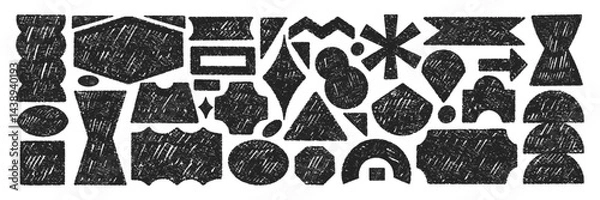 Obraz Set of playful elements with abstract geometric shapes. Rectangle, circle, oval and zigzag with crayon, chalk or pastel texture. Hand drawn vector illustration.