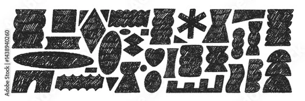 Obraz Set of various funky elements with abstract geometric shapes. Rectangle, circle, oval and heart with crayon, chalk or pastel texture. Hand drawn vector illustration.