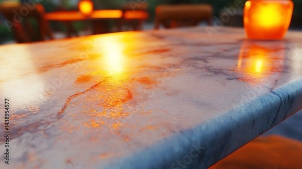 Fototapeta Marble tabletop with candles, warm glow and blurred chairs. Close up