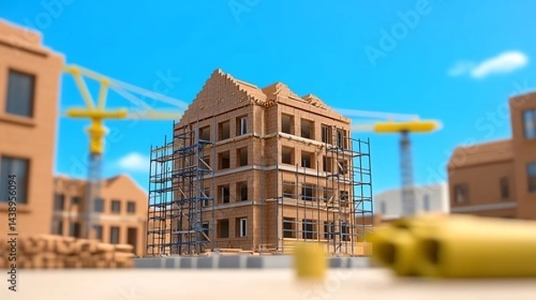 Fototapeta Construction of New Brick Building with Scaffolding and Cranes on Site