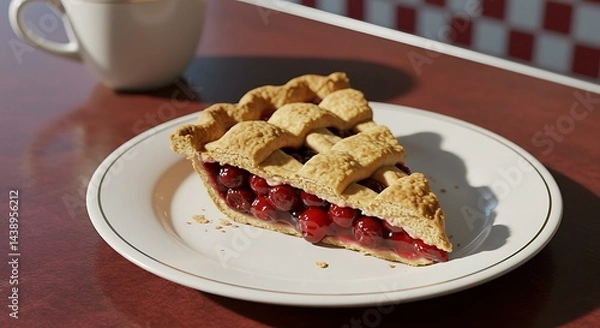 Fototapeta Serving of Cherry Pie on Plate with Mug in Diner Setting
