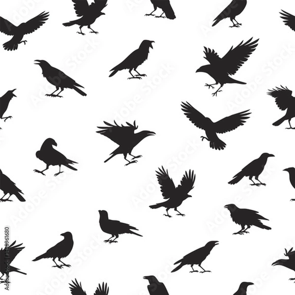 Fototapeta Vector seamless pattern featuring black crow silhouettes in various dynamic poses