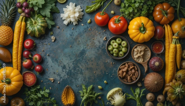 Obraz Fresh vegetables and fruits arranged beautifully on textured surface, showcasing vibrant colors and natural textures