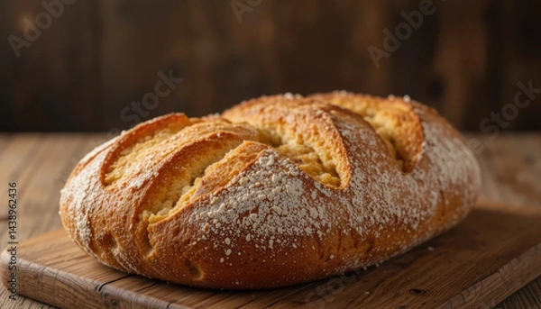 Obraz Freshly baked bread with golden crust and flour dusting, resting on wooden board, evokes warmth and comfort