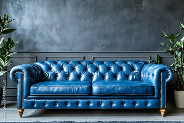 Obraz A blue sofa icon, transparent background, vector style, 3D rendering effect, high resolution, front view, high detail, soft lighting, no shadows on the ground