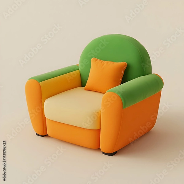 Obraz A cute orange and green children's single sofa chair, with a simple shape and a white background.