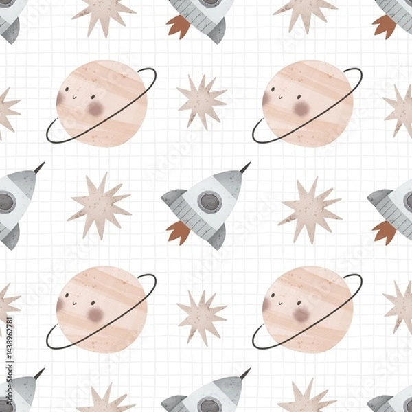 Obraz seamless pattern with cartoon planets, spaceship, stars, decor elements. Colorful illustration flat style for kids. Space. hand drawing. baby design for fabric, print, wrapper, textile