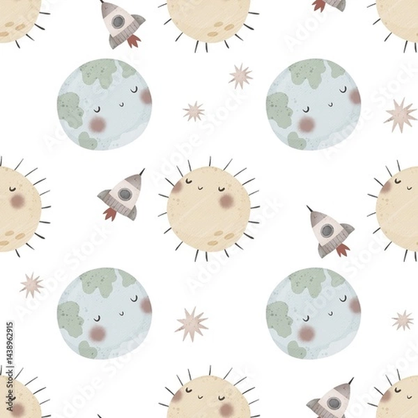 Obraz seamless pattern with cartoon Planet earth, sun, spaceship, stars, decor elements. Colorful illustration flat style for kids. Space. hand drawing. baby design for fabric, print, wrapper, textile