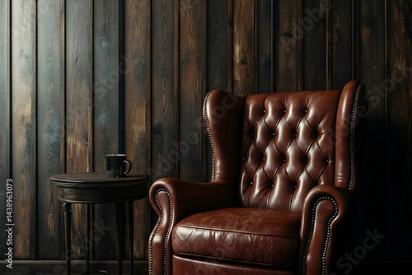 Obraz Photorealistic depiction of an armchair and side table in brown leather, placed against a wooden wall with soft lighting, creating a cozy atmosphere. The chair's design is simple yet elegant.