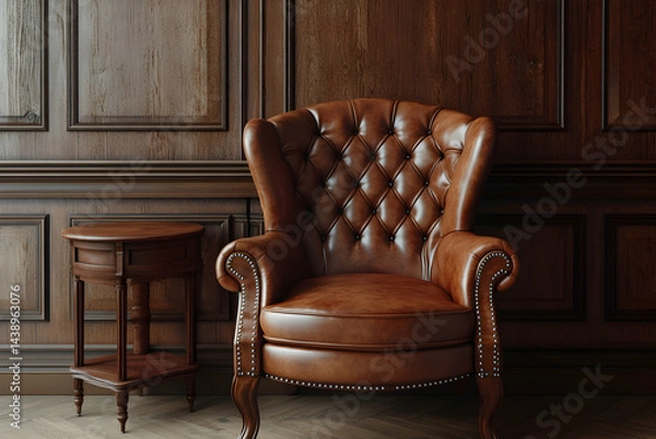 Obraz Photorealistic depiction of an armchair and side table in brown leather, placed against a wooden wall with soft lighting, creating a cozy atmosphere. The chair's design is simple yet elegant.