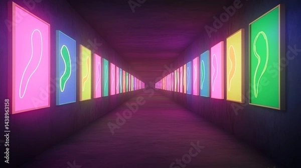 Fototapeta Walking Through Neon Art Gallery Hallway with Abstract Illuminated Paintings