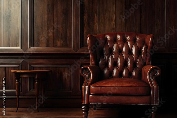 Fototapeta Photorealistic depiction of an armchair and side table in brown leather, placed against a wooden wall with soft lighting, creating a cozy atmosphere. The chair's design is simple yet elegant.