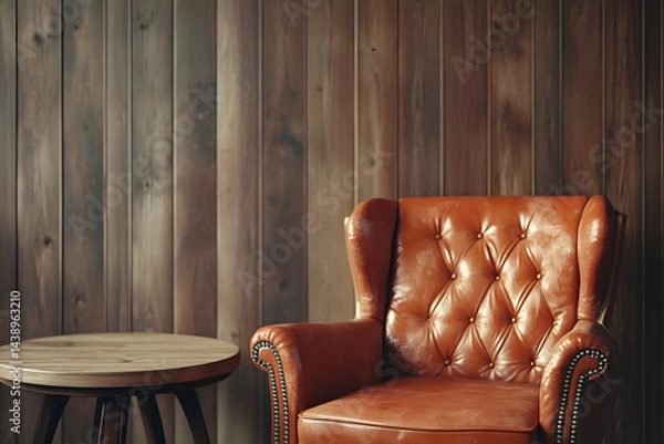 Obraz Photorealistic depiction of an armchair and side table in brown leather, placed against a wooden wall with soft lighting, creating a cozy atmosphere. The chair's design is simple yet elegant.