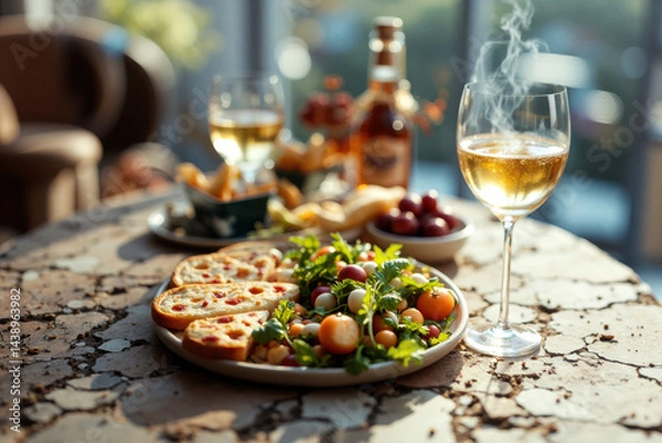 Obraz Beautifully arranged table features variety of appetizers, including mini pizzas, fresh salad, and grapes, complemented by