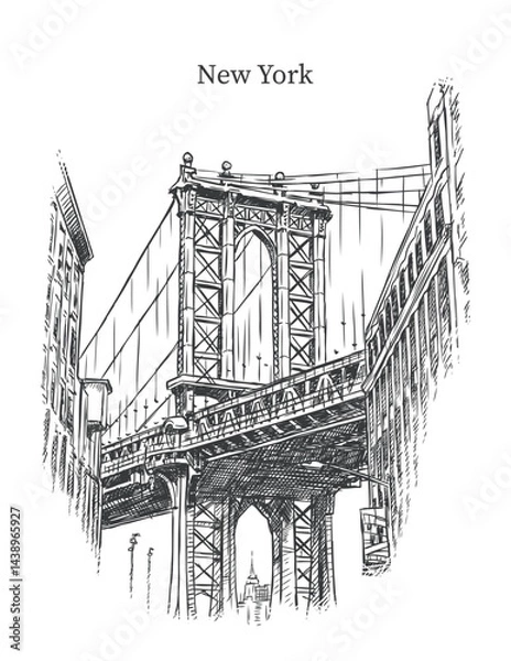 Fototapeta Sketch of the Manhattan Bridge in New York City, captured from a low angle perspective between buildings