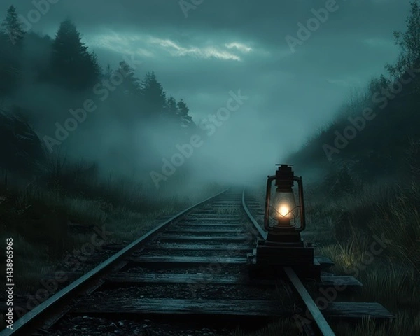 Fototapeta Mysterious figure on railroad tracks at night