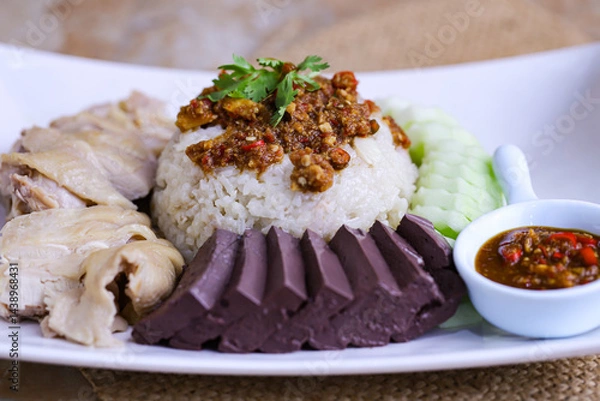 Fototapeta Hainanese chicken rice, steamed chicken rice, on white plate, with soup and dipping sauce