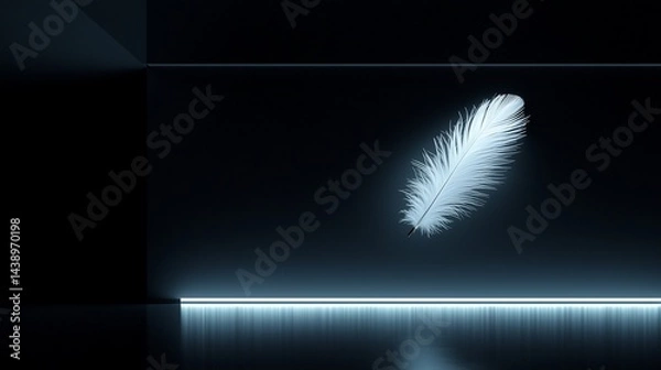 Fototapeta A single, luminous white feather in a dark, futuristic space