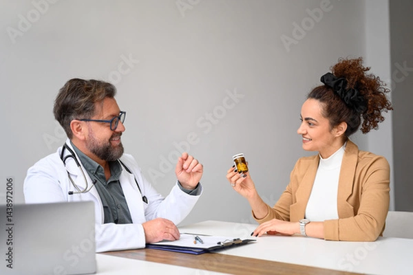 Fototapeta Smiling female patient showing pill bottle to male doctor during consultation at desk in hospital